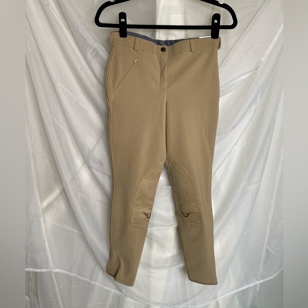 NWT TuffRider Front Zip Knee Patch Breeches Tan Sz 26 Ribb Equestrian Pants